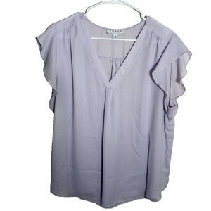 Chaus Blouse Women's XL Purple V-Neck Short Sleeve Ruffle Career Sheer Top
